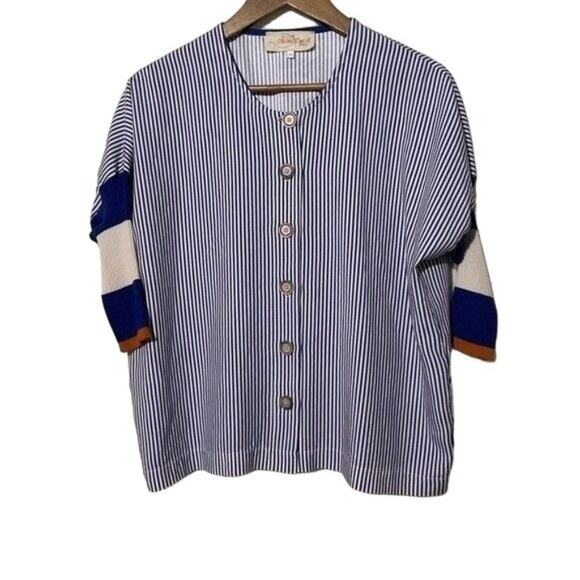 Chiara Cocol Women’s Striped Mixed Media Cardigan XS Navy, White & Orange - Picture 2 of 13